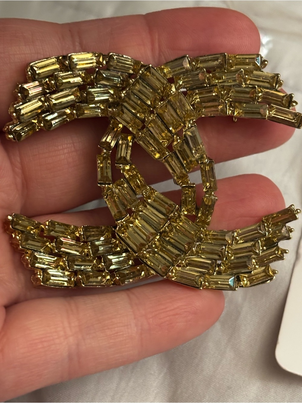Designer-Inspired Yellow Gold Crystal Logo-Style Brooch